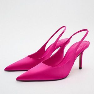 NWT Zara Fuchsia Pink Satin Heeled Slingback Shoes, size 9.5/ 41